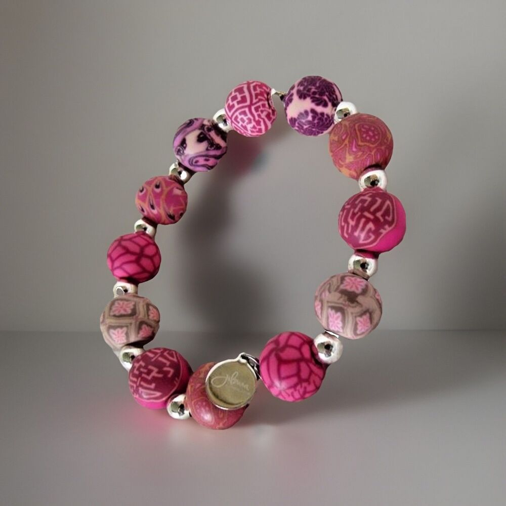 Pink Clay Large Beaded Stretch Bracelet Silver Charm Boho Chic Jilzara VGUC